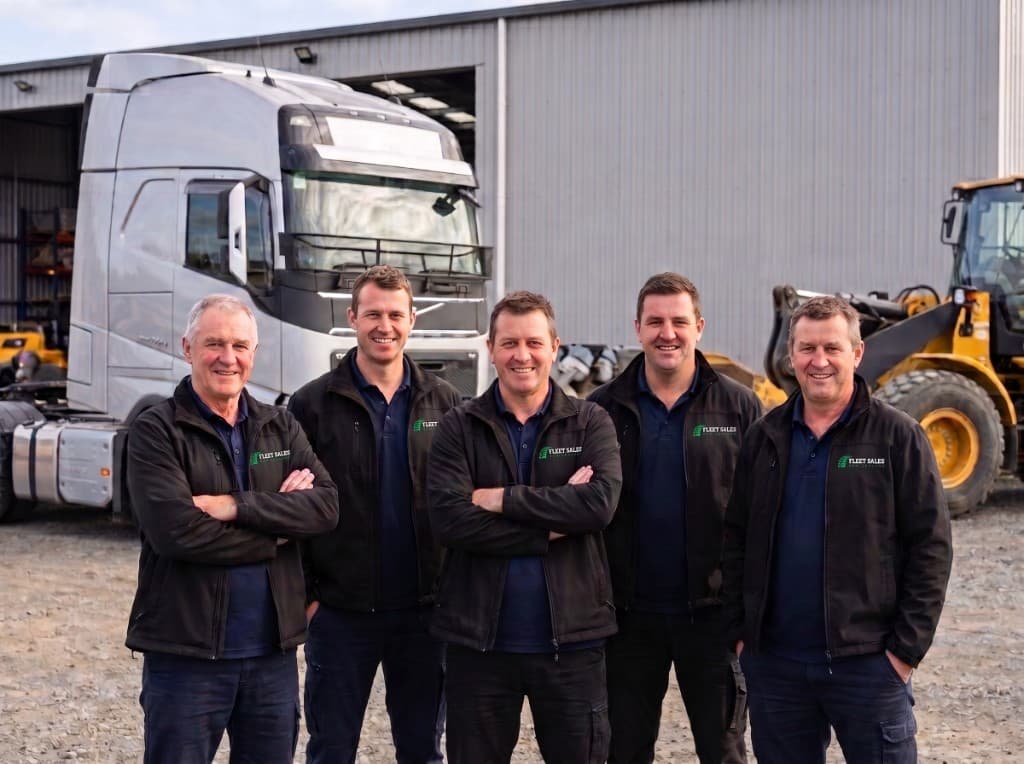 The Fleet Sales New Zealand team standing together in front of a warehouse, truck, and heavy machinery